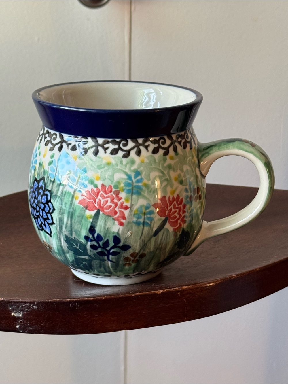 Signed UNIKAT Polish Pottery Cobalt Blue Floral Bubble Mug Boleslawiec